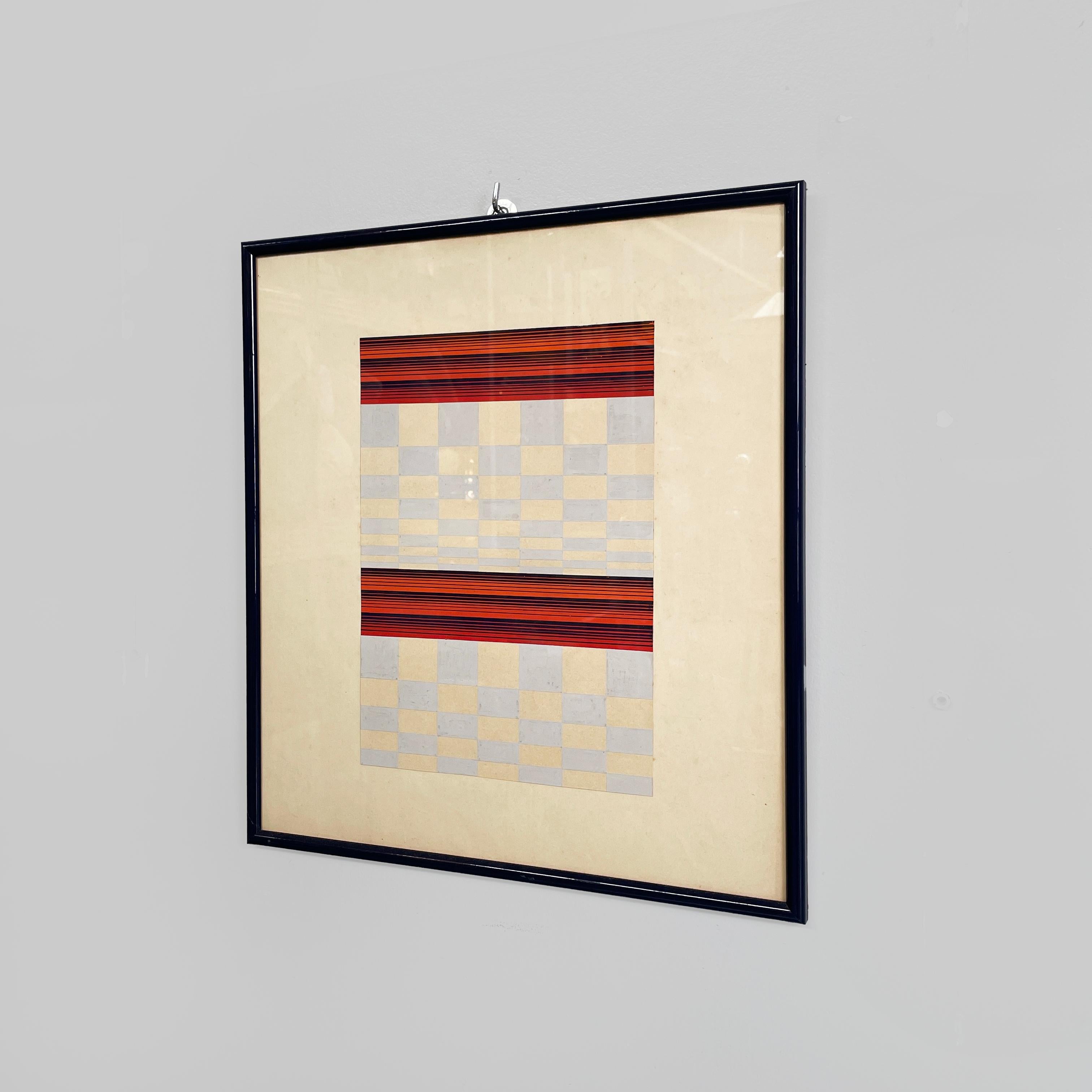 Peinture sur papier moderne italienne géométrique et abstraite, années 1990
Peinture rectangulaire sur papier. Le sujet géométrique présente deux motifs : l'un est composé de lignes horizontales de différentes épaisseurs en rouge vif et bleu foncé,