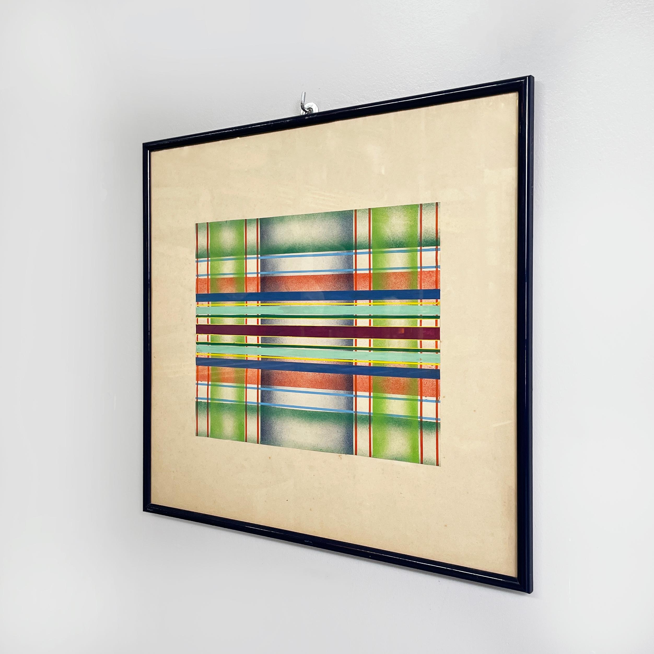 Italiano moderno Pintura geométrica y abstracta sobre papel, años 90
Pintura rectangular sobre papel. El tema geométrico de la obra de arte tiene un patrón cuadriculado: en su interior tiene tanto tonos punteados en verde, rojo y azul, como líneas