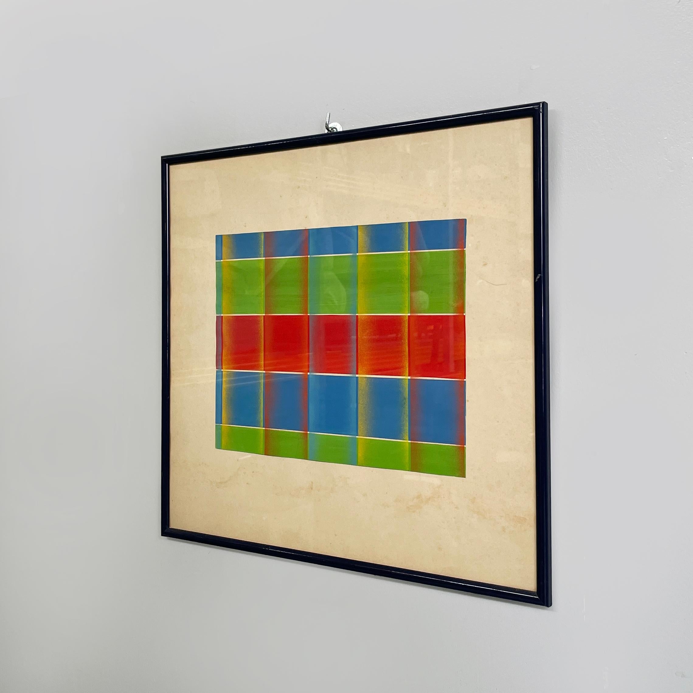 Italienisches modernes geometrisches und abstraktes Gemälde auf Papier, modern, 1990er Jahre
Rechteckiges Gemälde auf Papier. Das geometrische Motiv des Kunstwerks besteht aus horizontalen, dicken Linien in Hellblau, Rot und Grün, die von