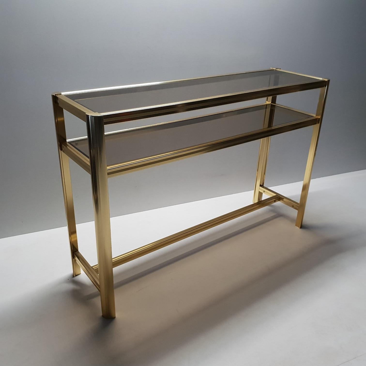 Italian Modern Gilt Brass Two Tiers Side Table with Smoked Glass, 1980s For Sale 3