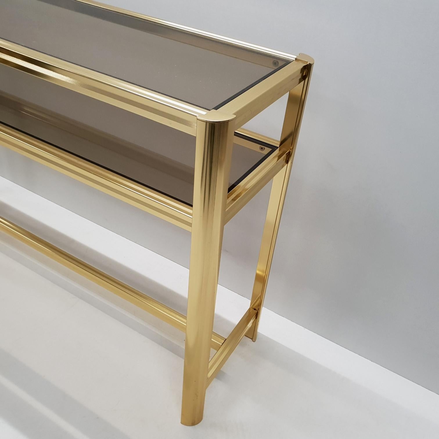 French Italian Modern Gilt Brass Two Tiers Side Table with Smoked Glass, 1980s For Sale