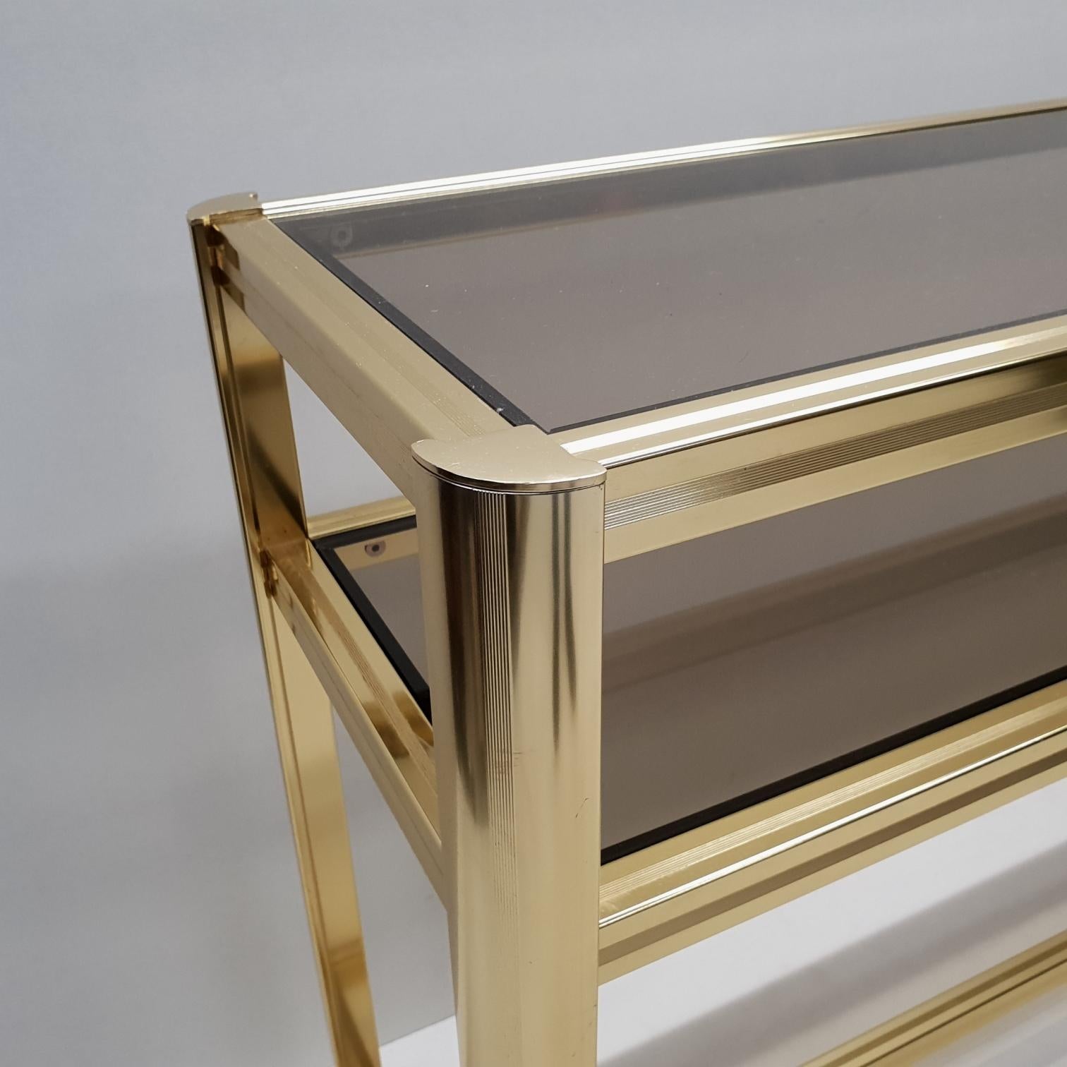 20th Century Italian Modern Gilt Brass Two Tiers Side Table with Smoked Glass, 1980s For Sale