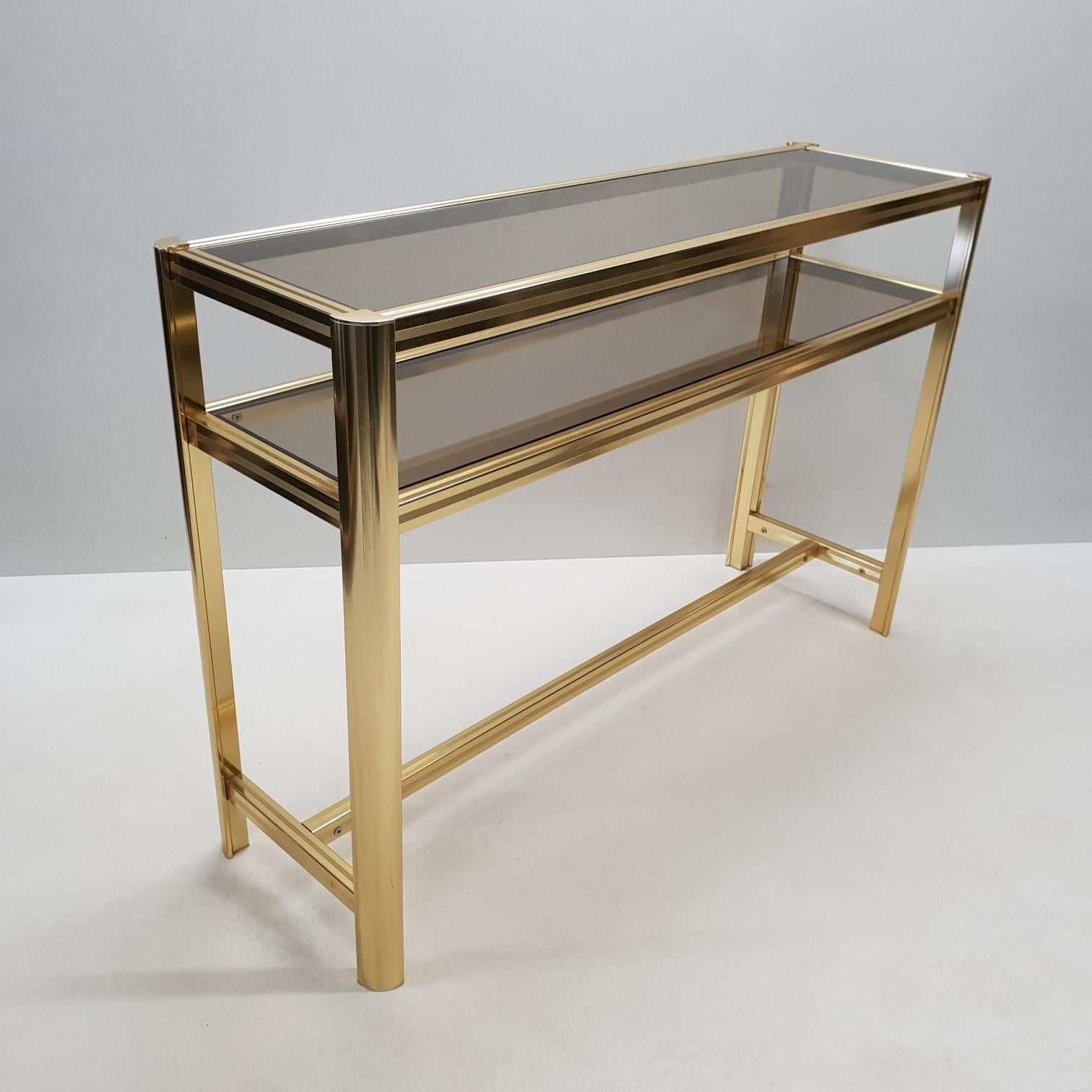 Aluminum Italian Modern Gilt Brass Two Tiers Side Table with Smoked Glass, 1980s For Sale