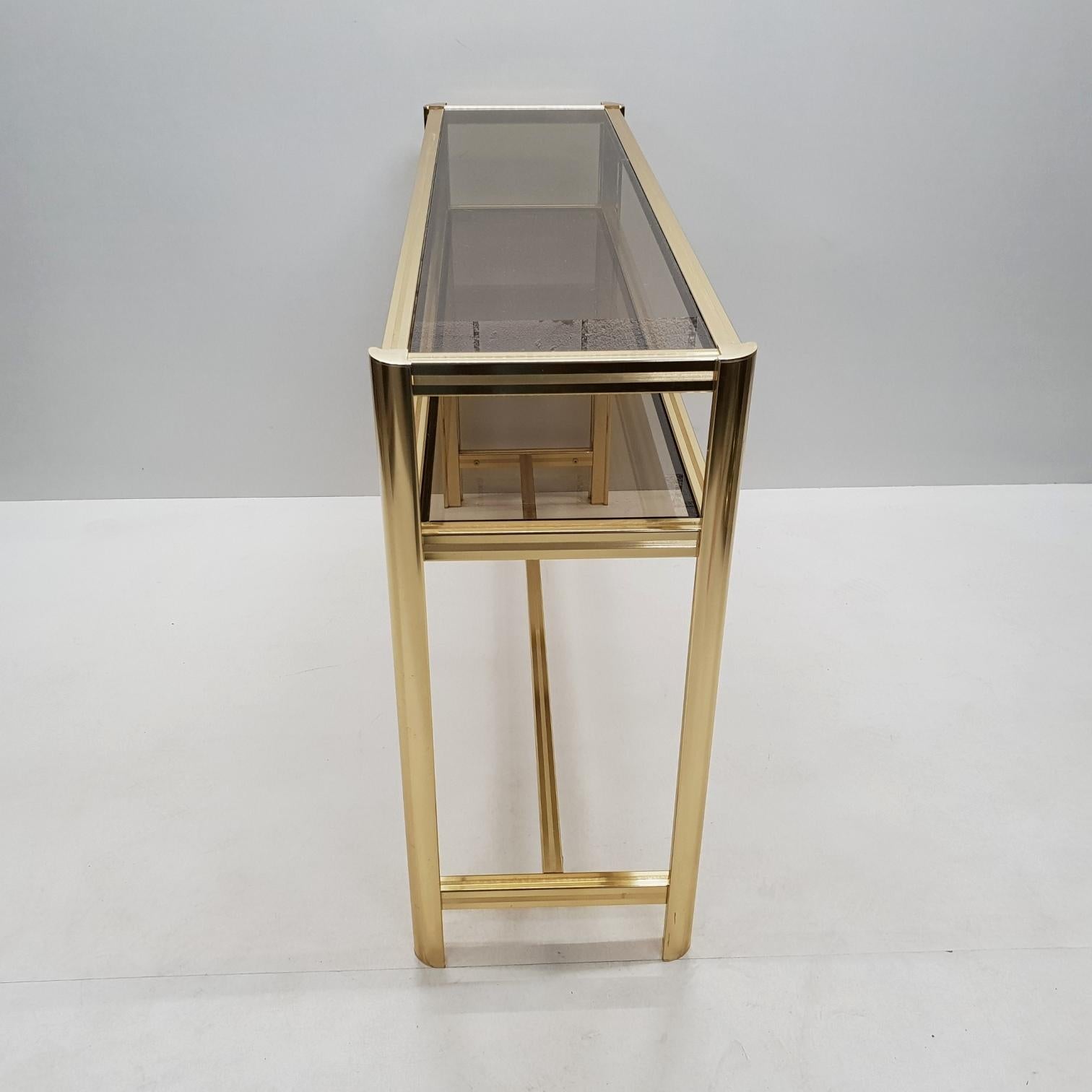 Italian Modern Gilt Brass Two Tiers Side Table with Smoked Glass, 1980s For Sale 1