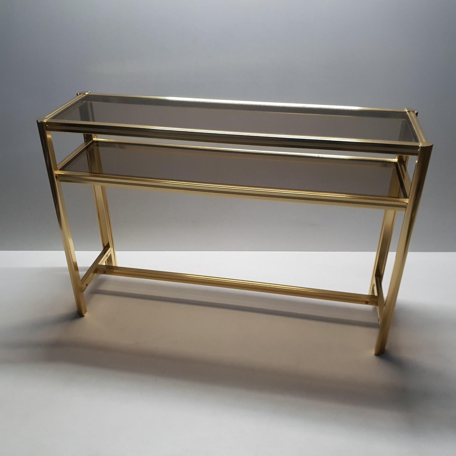 Italian Modern Gilt Brass Two Tiers Side Table with Smoked Glass, 1980s For Sale 2