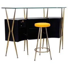 Italian Modern Gio Ponti Style Brass & Ebonized Bar, with Stool, 1950s