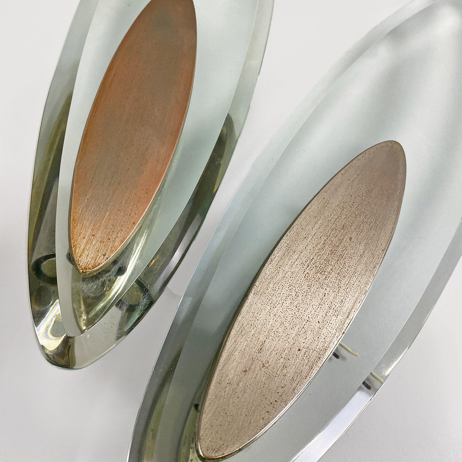 Late 20th Century Italian modern glass and brushed steel sconces or wall lamps by Lumi Milano 1970 in vendita