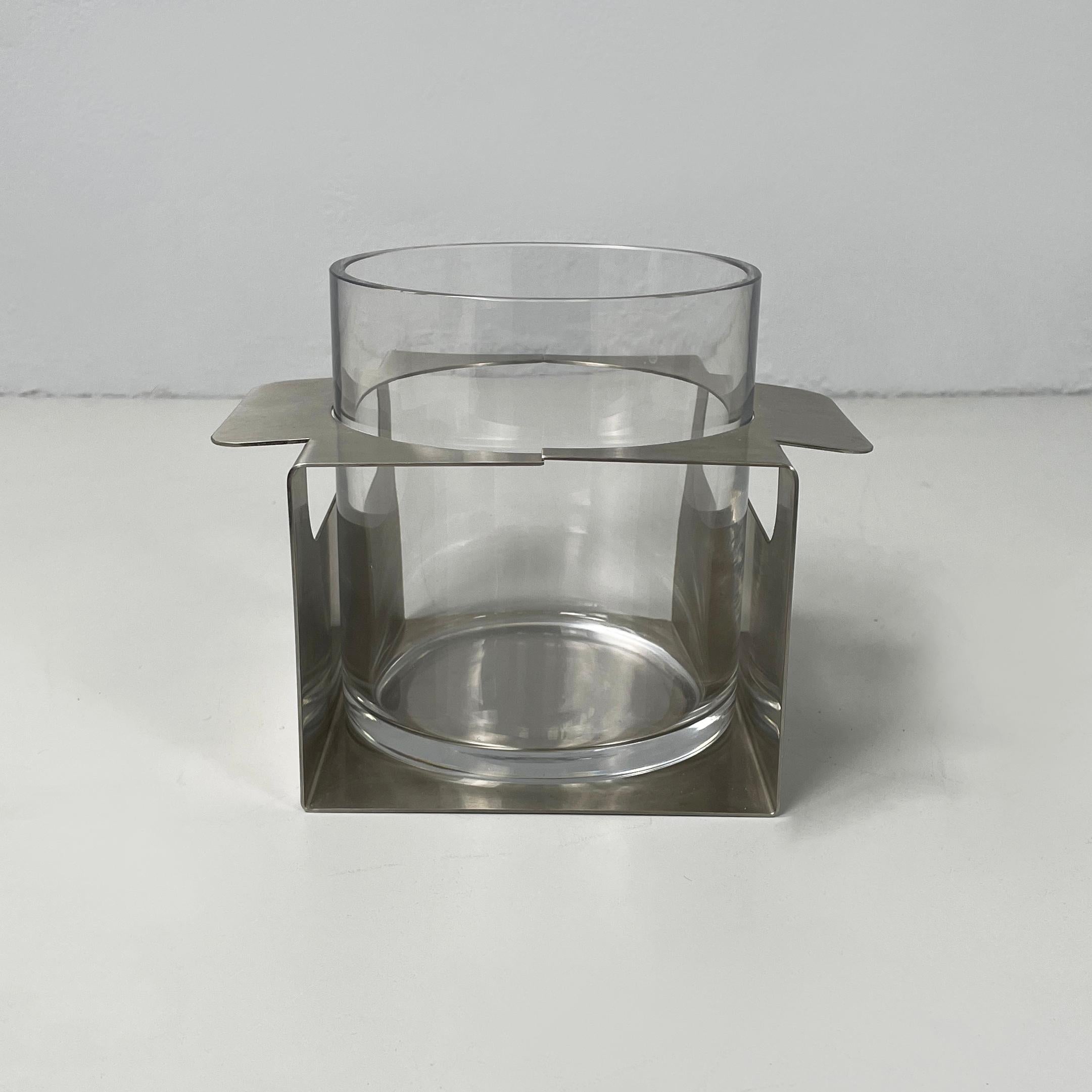 Modern Italian modern glass and metal ice bucket with pliers by Zani & Zani, 1980s For Sale