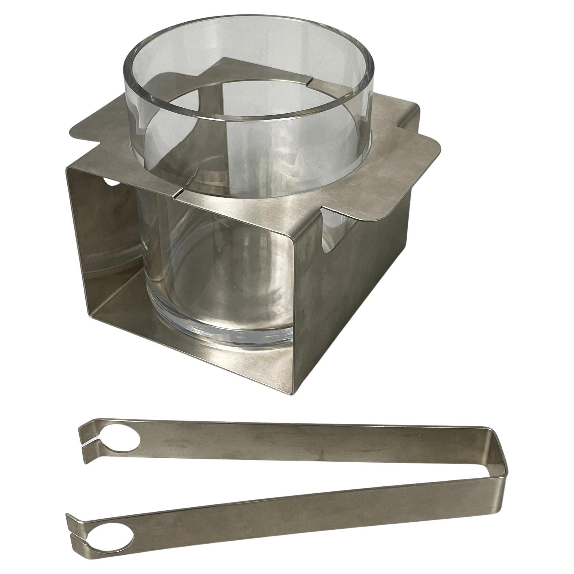 Italian modern glass and metal ice bucket with pliers by Zani & Zani, 1980s For Sale