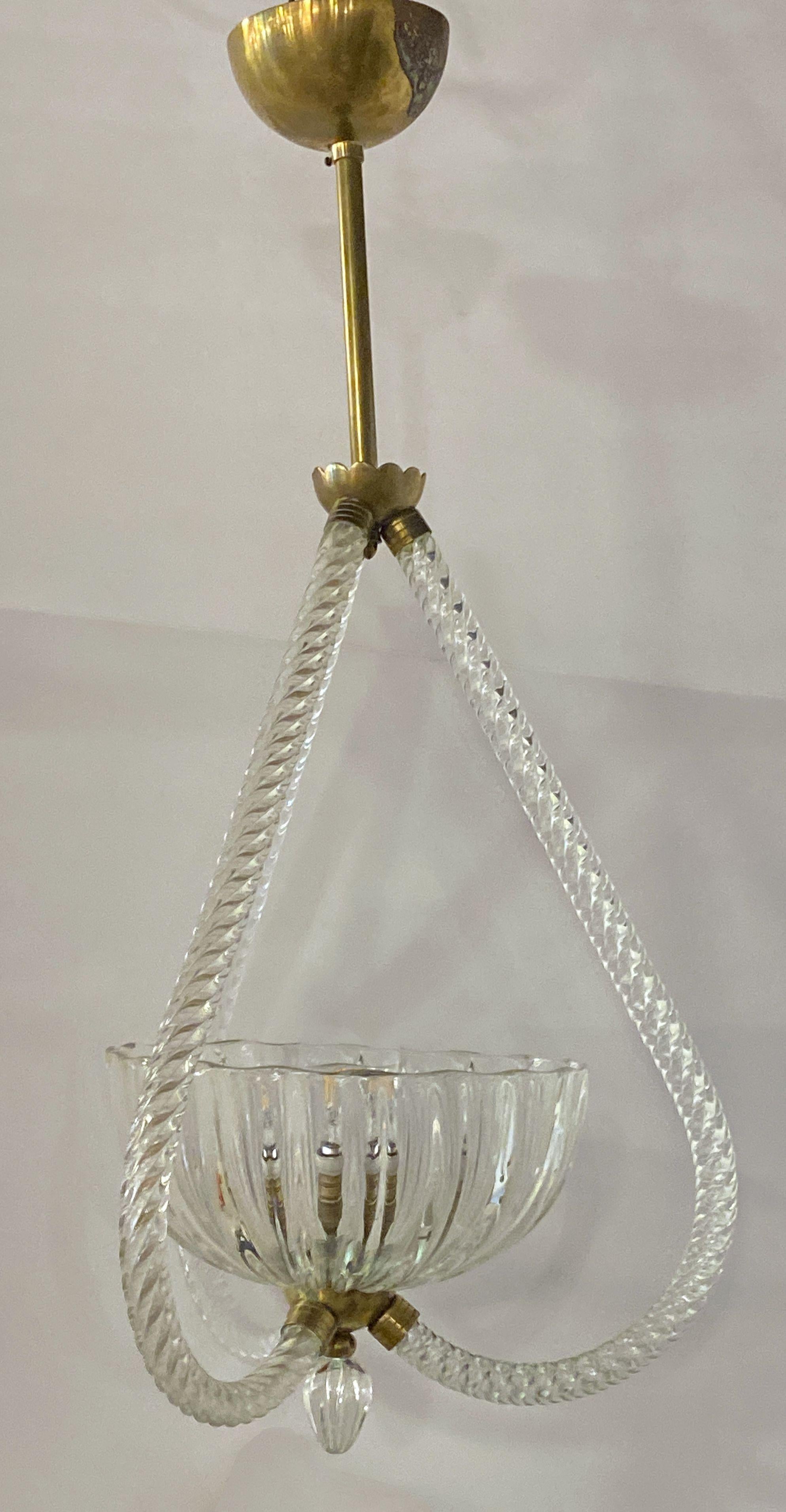 Mid-20th Century Italian Modern Glass & Brass Chandelier, Seguso For Sale