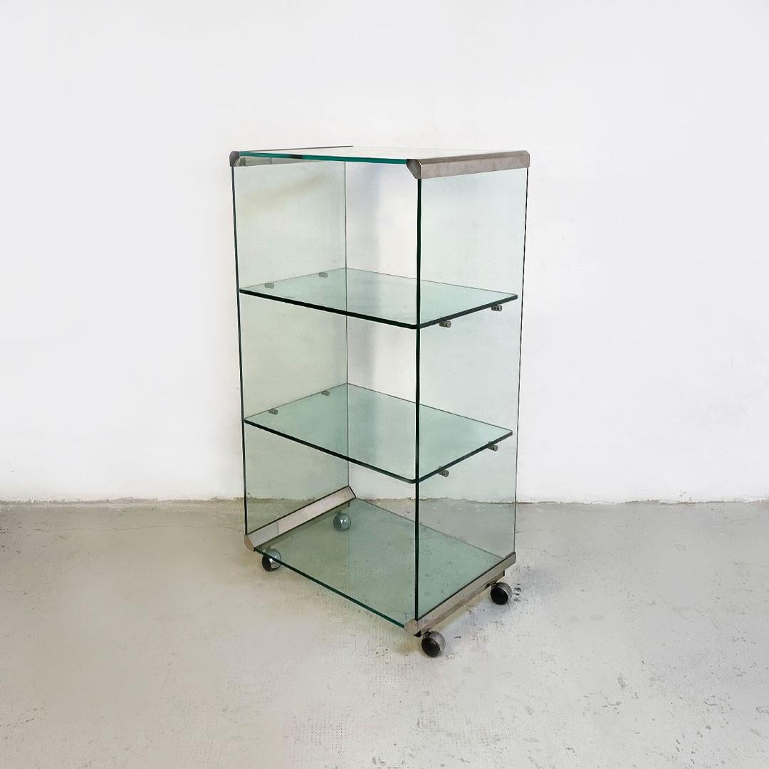Metal Italian Modern Glass Exhibitor Bookcase on Wheels by Gallotti & Radice, 1970s For Sale