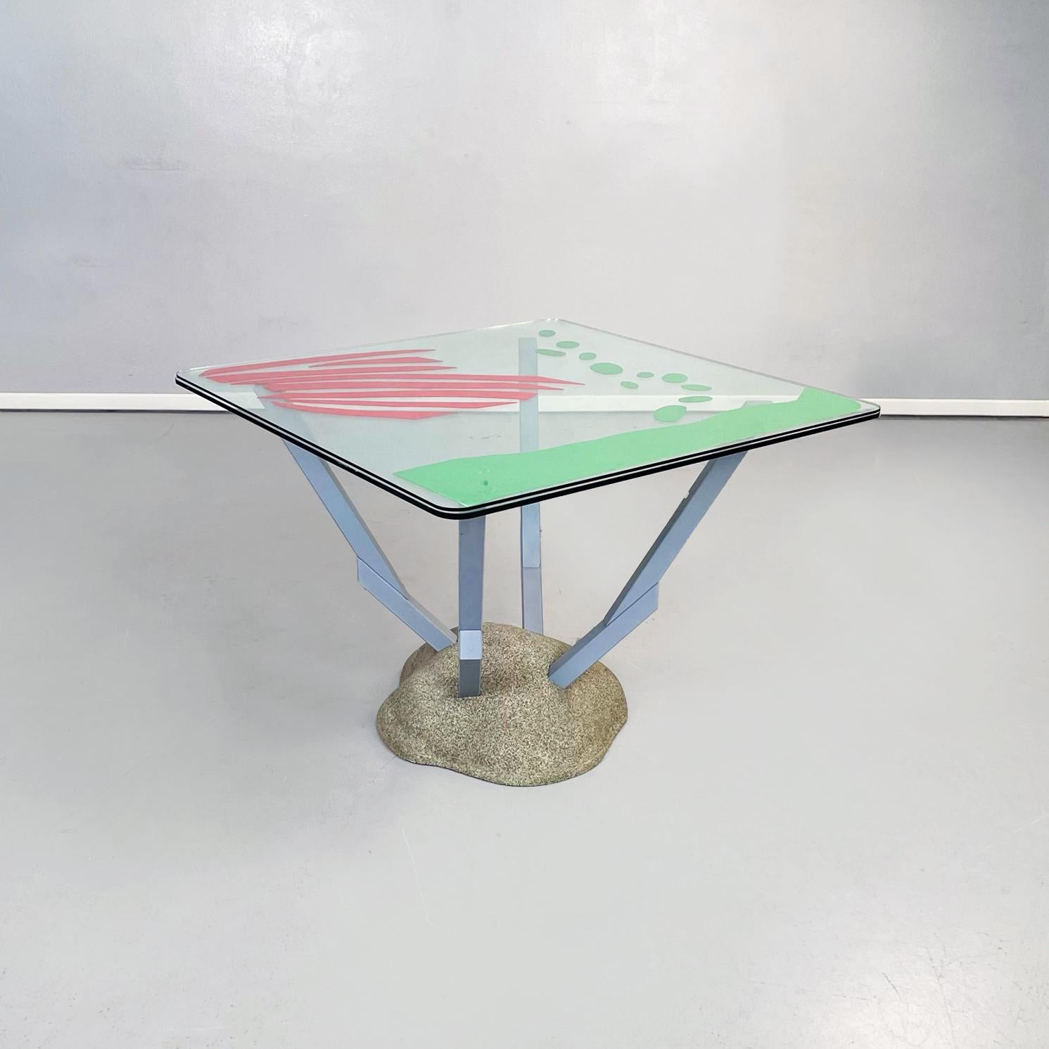 Italian modern Glass, fabric and wood Table Artifici by Paolo Deganello for Cassina, 1985
Dining table mod. Artifici with square glass top with rounded corners. The top is made up of two superimposed glass plates, in the middle of which there are