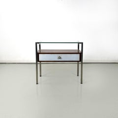 Italian modern glass metal wood and light blue fabric bedside tables, 1970s
