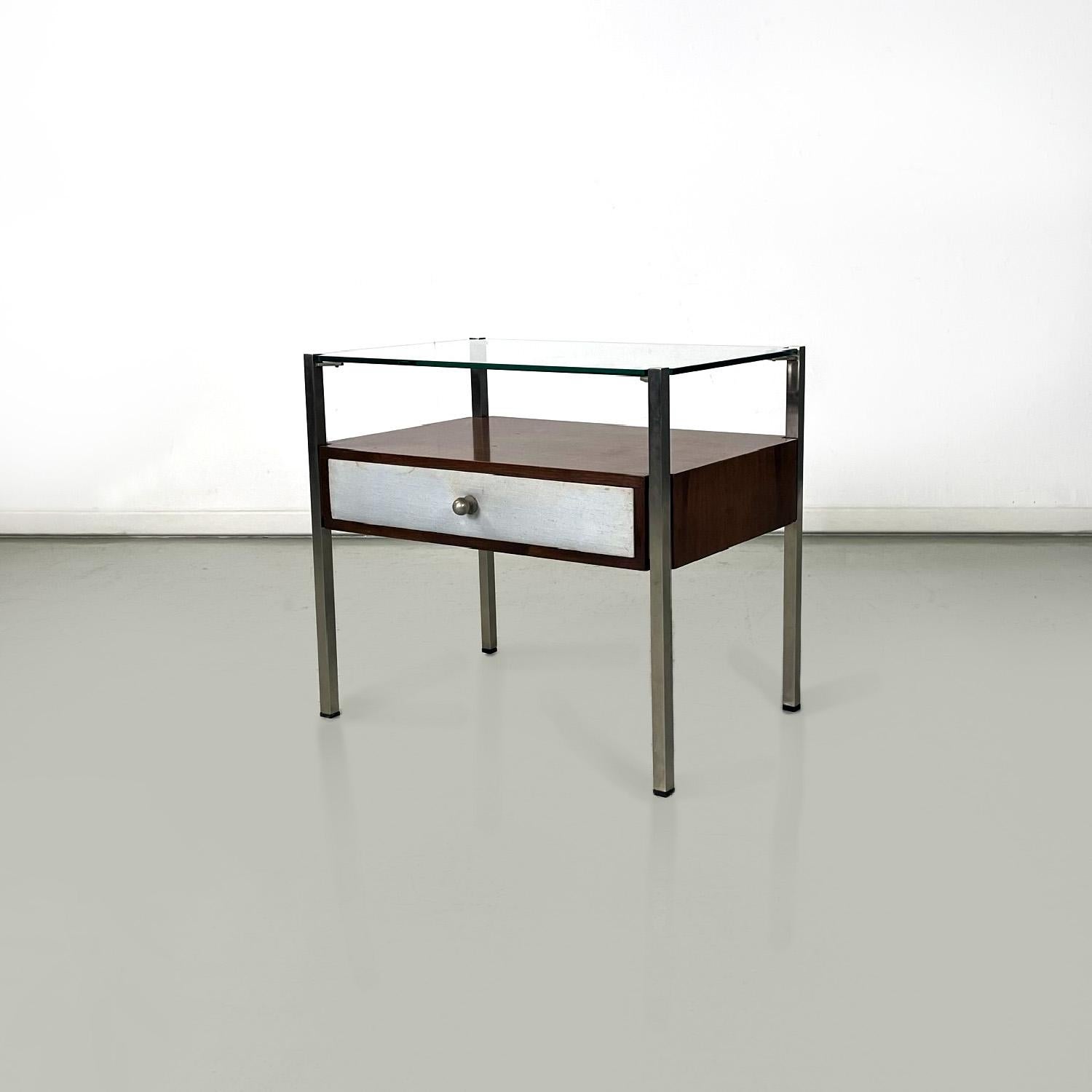 Modern Italian modern glass metal wood and light blue fabric bedside tables, 1970s For Sale