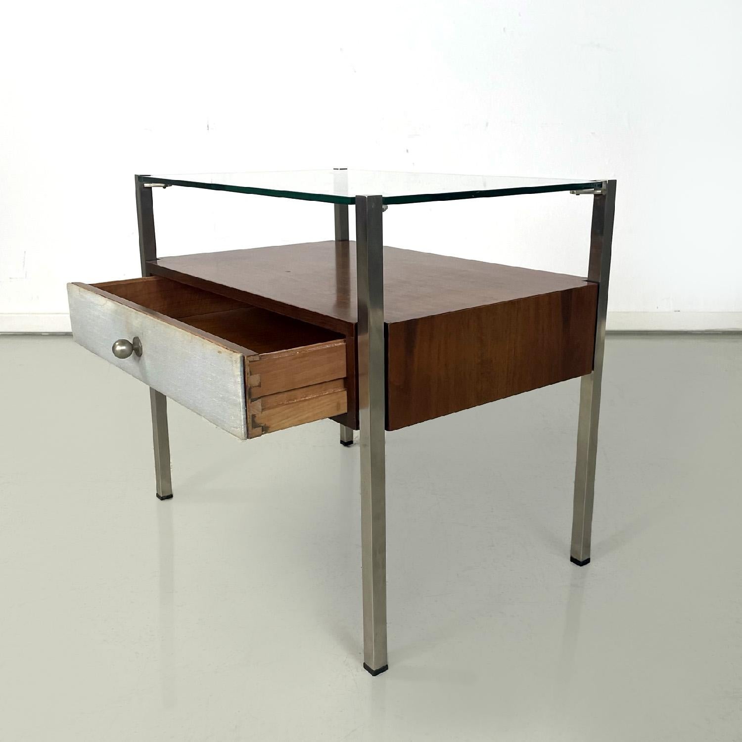 Italian modern glass metal wood and light blue fabric bedside tables, 1970s In Good Condition For Sale In MIlano, IT