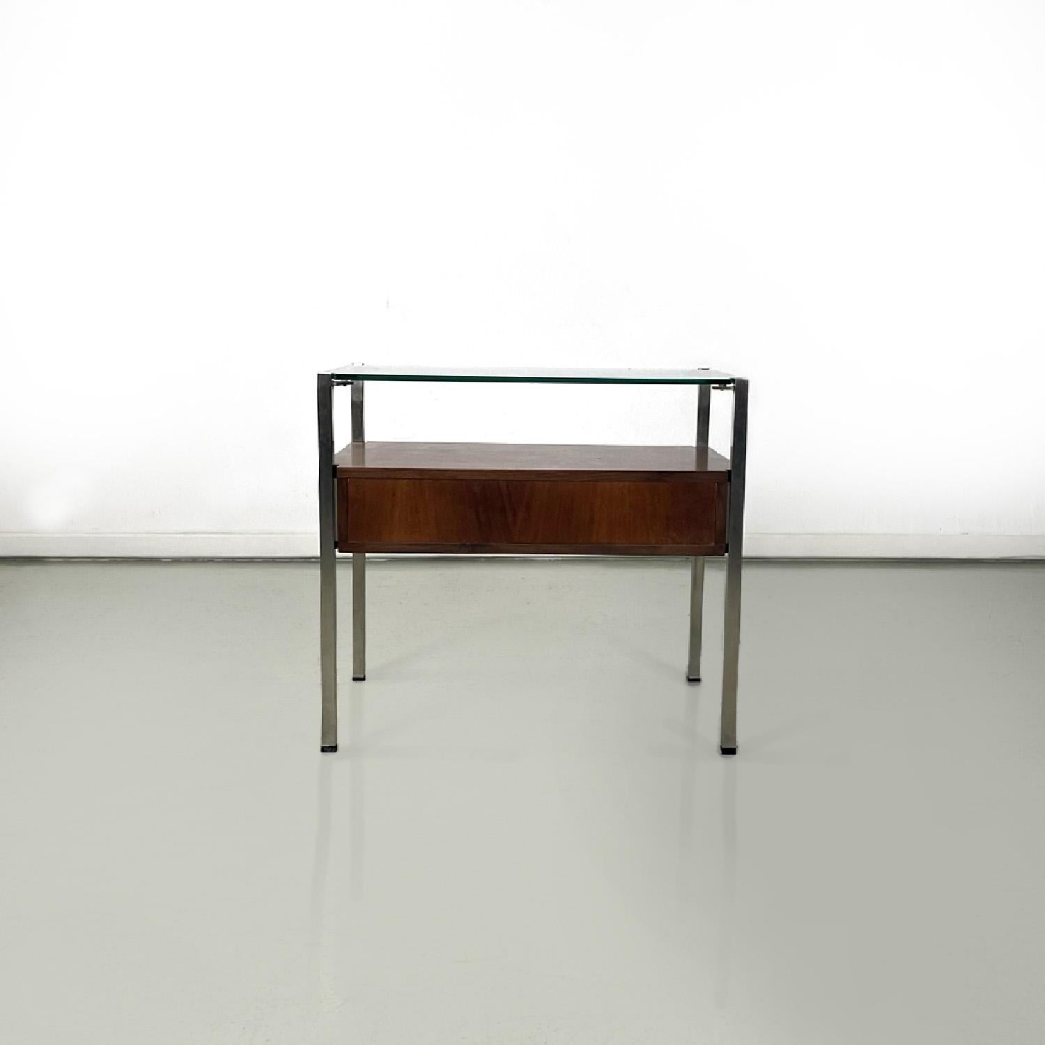 Late 20th Century Italian modern glass metal wood and light blue fabric bedside tables, 1970s For Sale