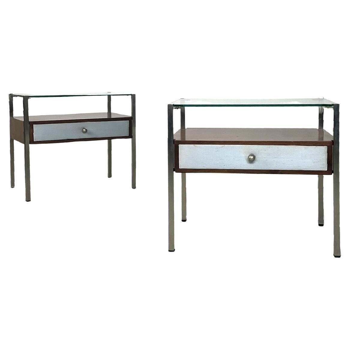 Italian modern glass metal wood and light blue fabric bedside tables, 1970s For Sale
