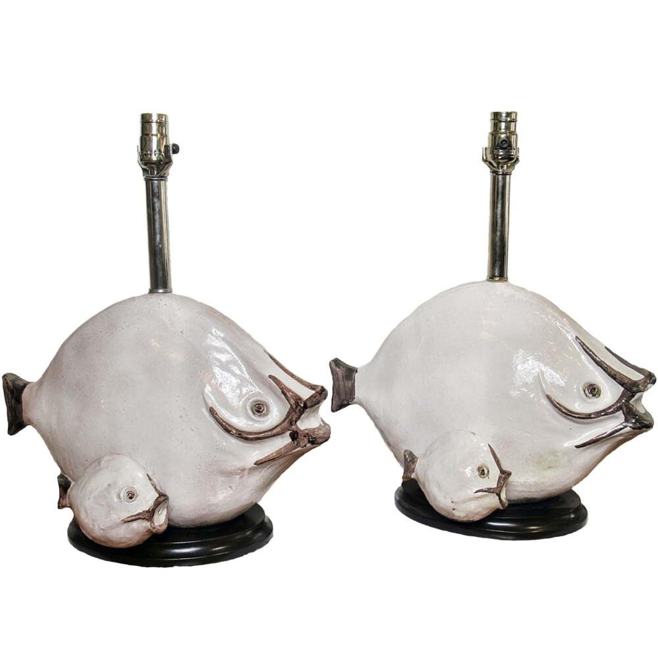 Mid-Century Modern Italian Modern Glazed Ceramic Fish Table Lamps, Ivo De Santis, 1960s For Sale