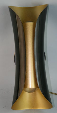 Italian Modern Gold and Black Metal Two Light Pair Sconces, 1980's