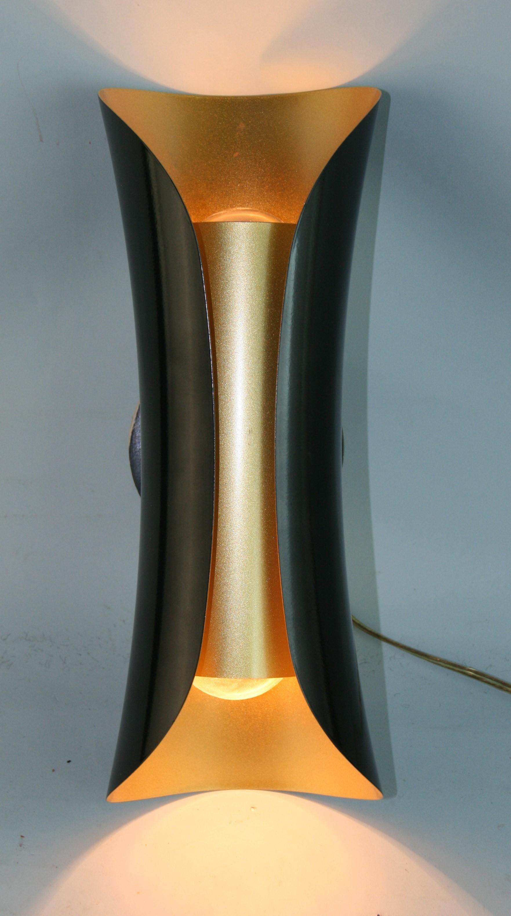 Italian Modern Gold and Black Metal Two Light Pair Sconces, 1980's For Sale 1