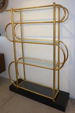 Italian Modern Gold Brass Tubular Shelving Unit Étagère on Black Lacquered Base