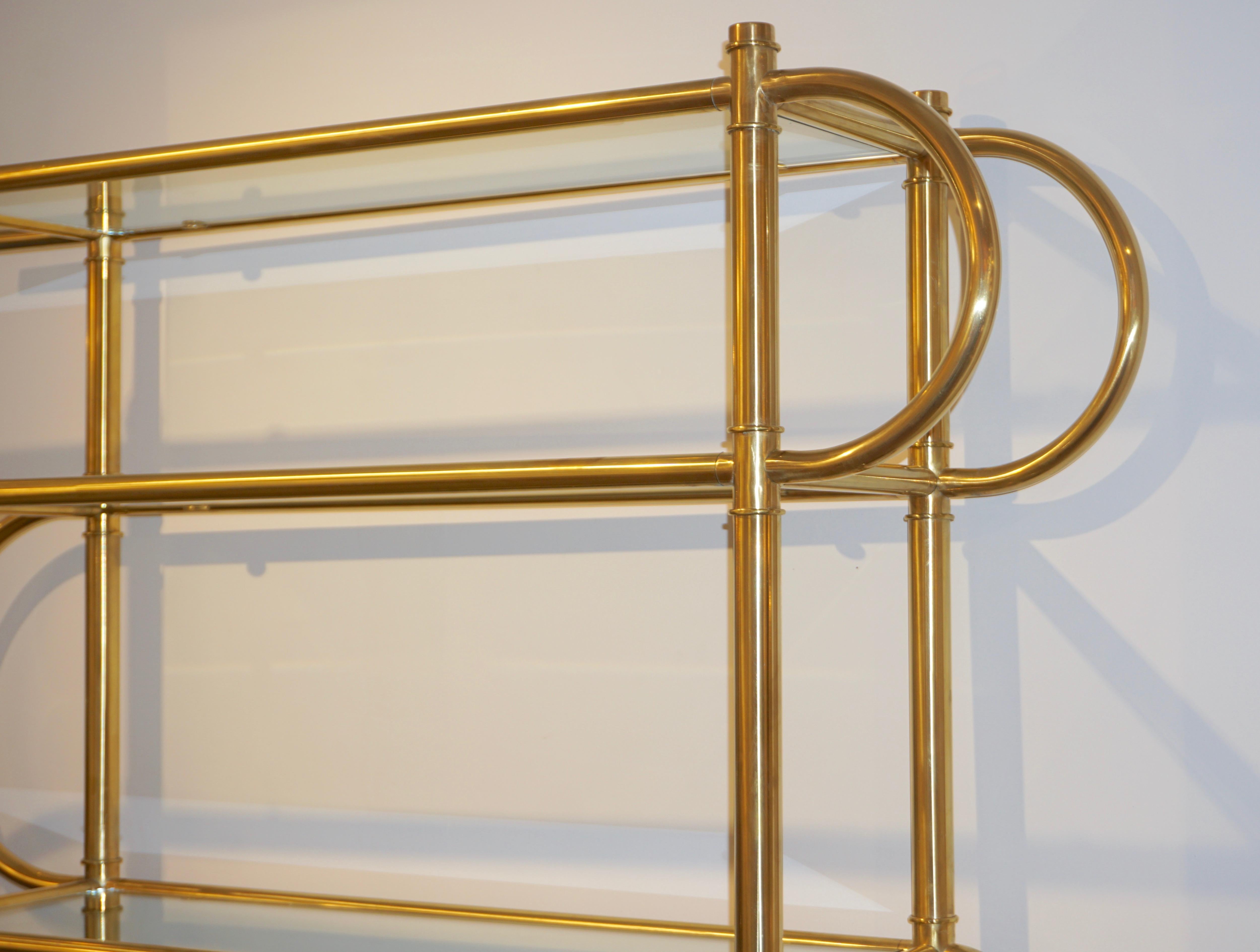 Organic Modern Italian Modern Gold Brass Tubular Shelving Unit Étagère on Black Lacquered Base For Sale