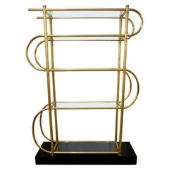 Italian Modern Gold Brass Tubular Shelving Unit Étagère on Black Lacquered Base