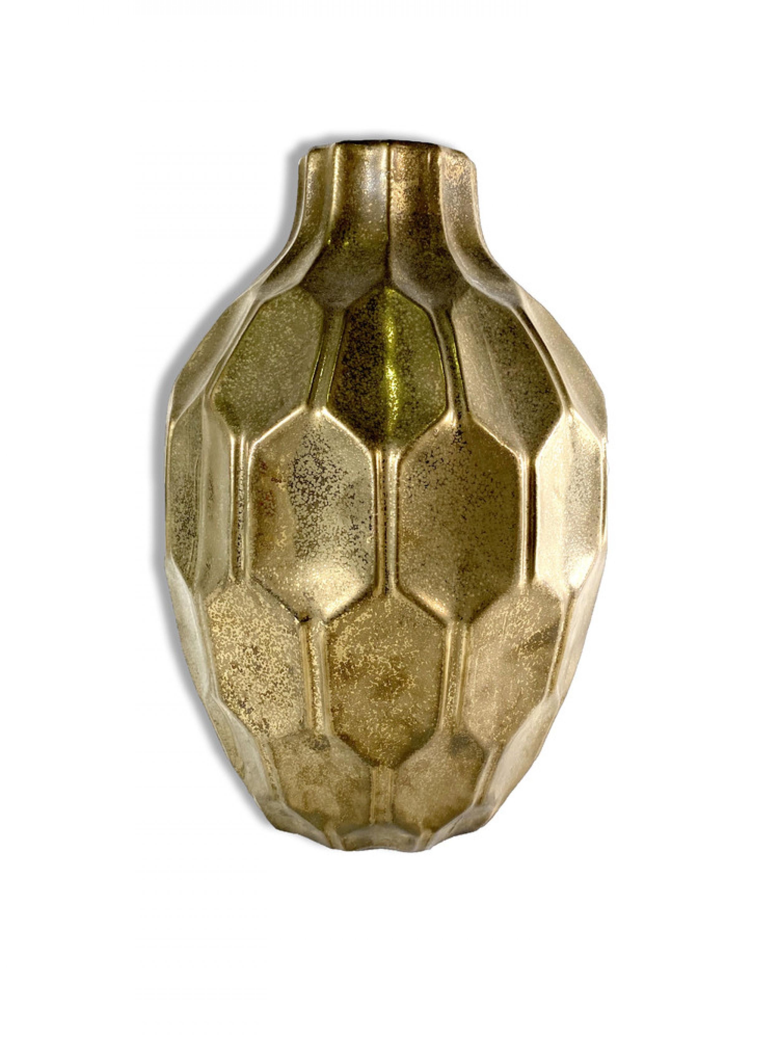 Vaso in ceramica italiana moderna con un motivo geometrico in rilievo, rifinito con uno smalto oro metallizzato. (modo di GIO PONTI)
