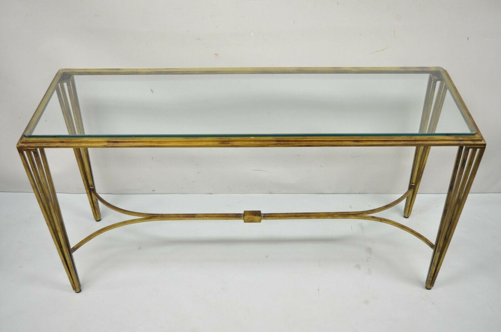 Italian Modern Gold Gilt Heavy Iron Base Glass Top Console Sofa Hall Table For Sale 7