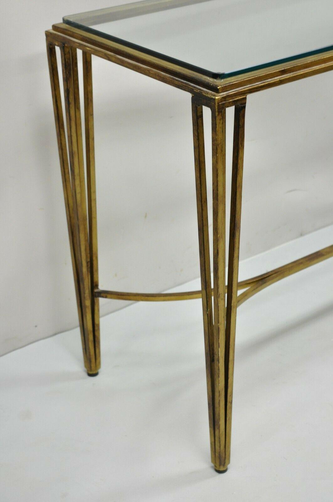 Italian Modern Gold Gilt Heavy Iron Base Glass Top Console Sofa Hall Table In Good Condition For Sale In Philadelphia, PA