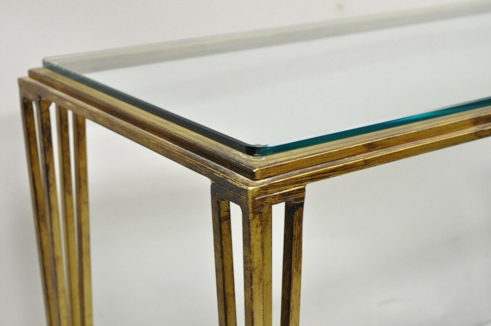 Italian Modern Gold Gilt Heavy Iron Base Glass Top Console Sofa Hall Table For Sale 2