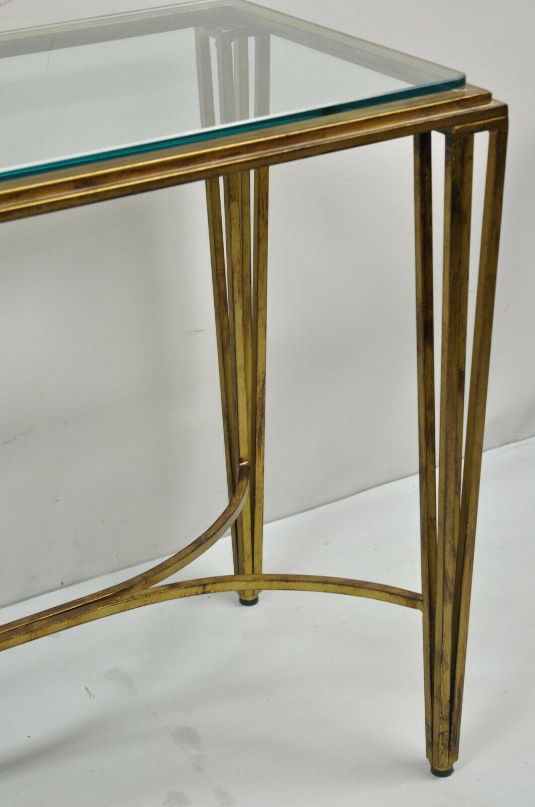 Italian Modern Gold Gilt Heavy Iron Base Glass Top Console Sofa Hall Table For Sale 4