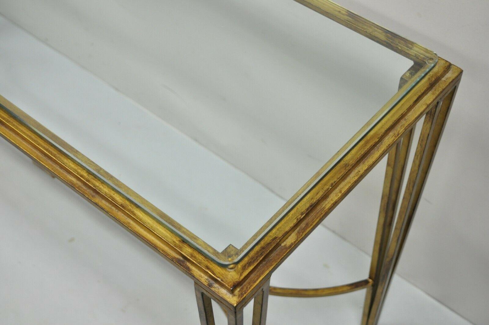 Italian Modern Gold Gilt Heavy Iron Base Glass Top Console Sofa Hall Table For Sale 5