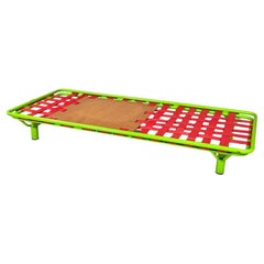 Used Italian modern green daybed or bed in metal and wood with red straps, 1980s