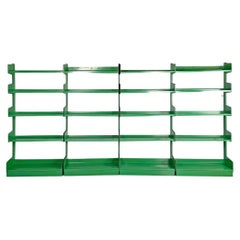 Italian modern green metal bookcase four modules and adjustable shelves, 1970s
