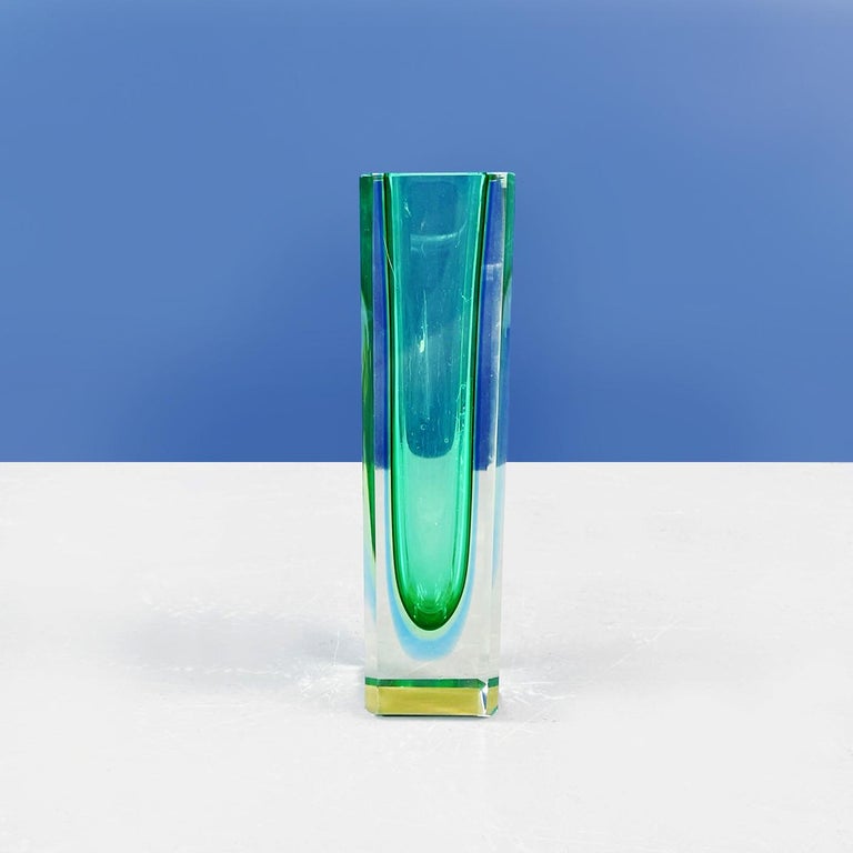 Italian Modern Green Murano Glass Vase with Yellow and Blue Shades