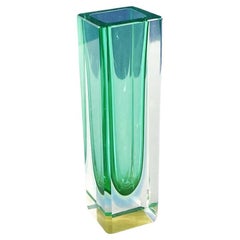 Italian Modern Green Murano Glass Vase with Yellow and Blue Shades, 1970s