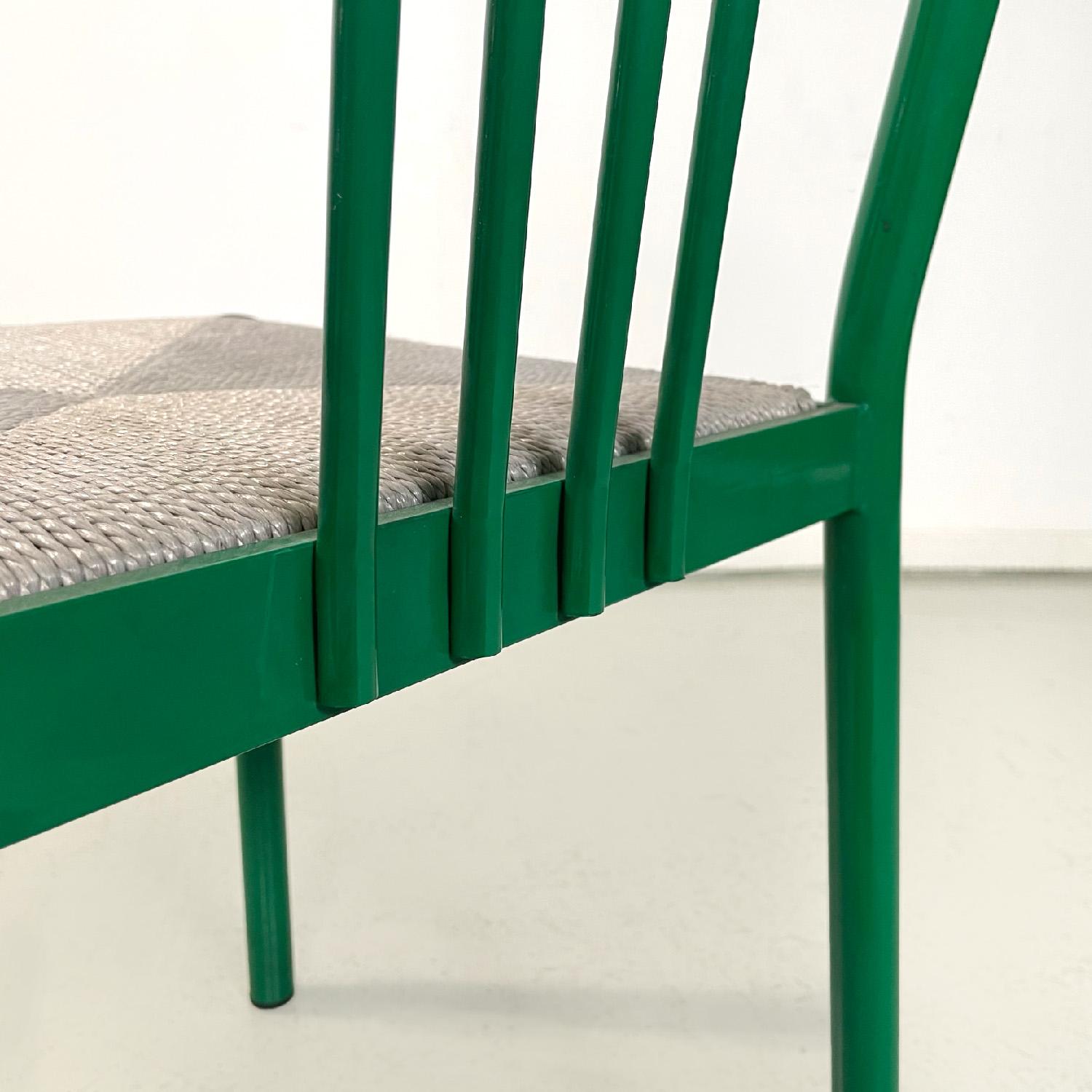 Italian modern green tubular metal and grey straw stackable chairs, 1980s For Sale 8