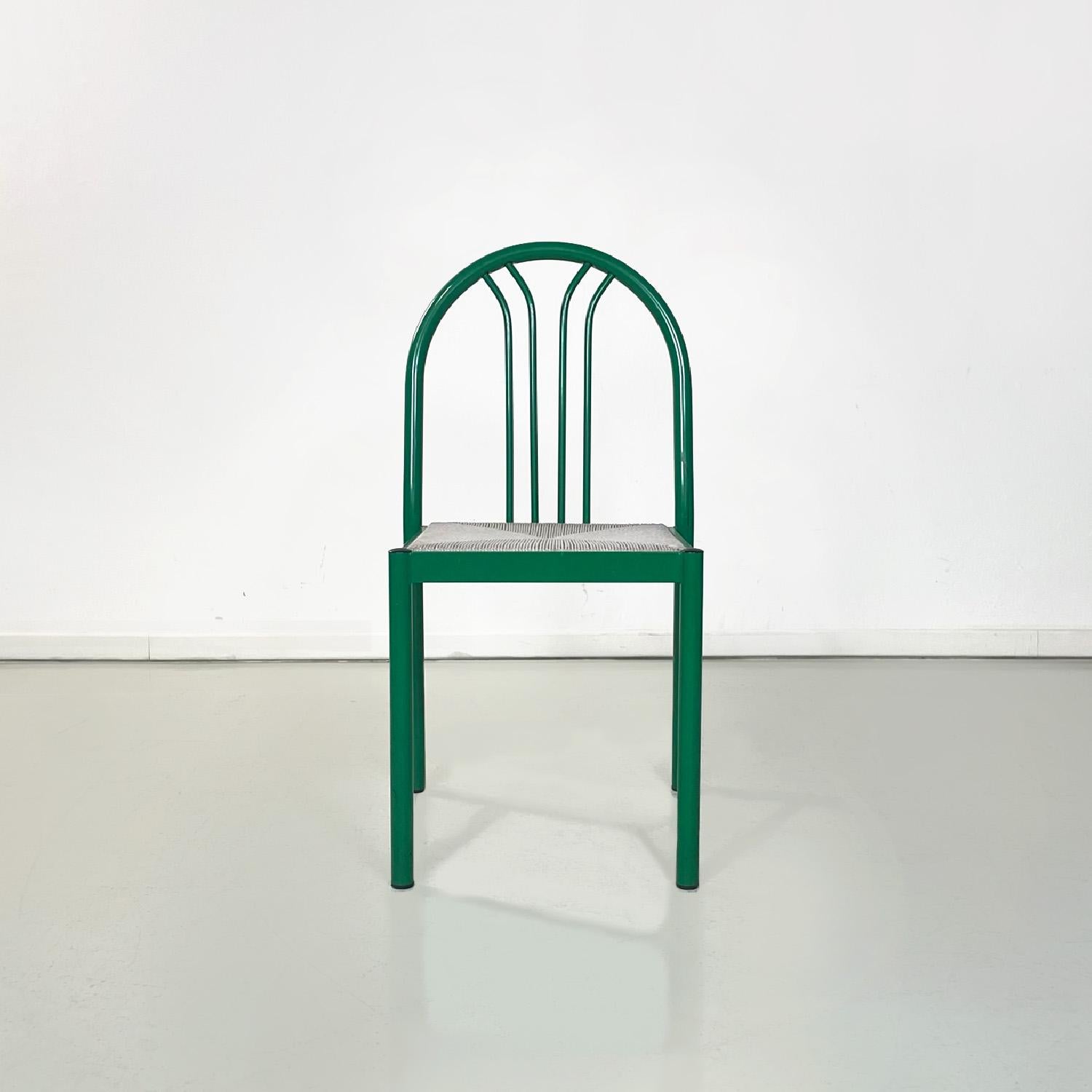 Modern Italian modern green tubular metal and grey straw stackable chairs, 1980s For Sale
