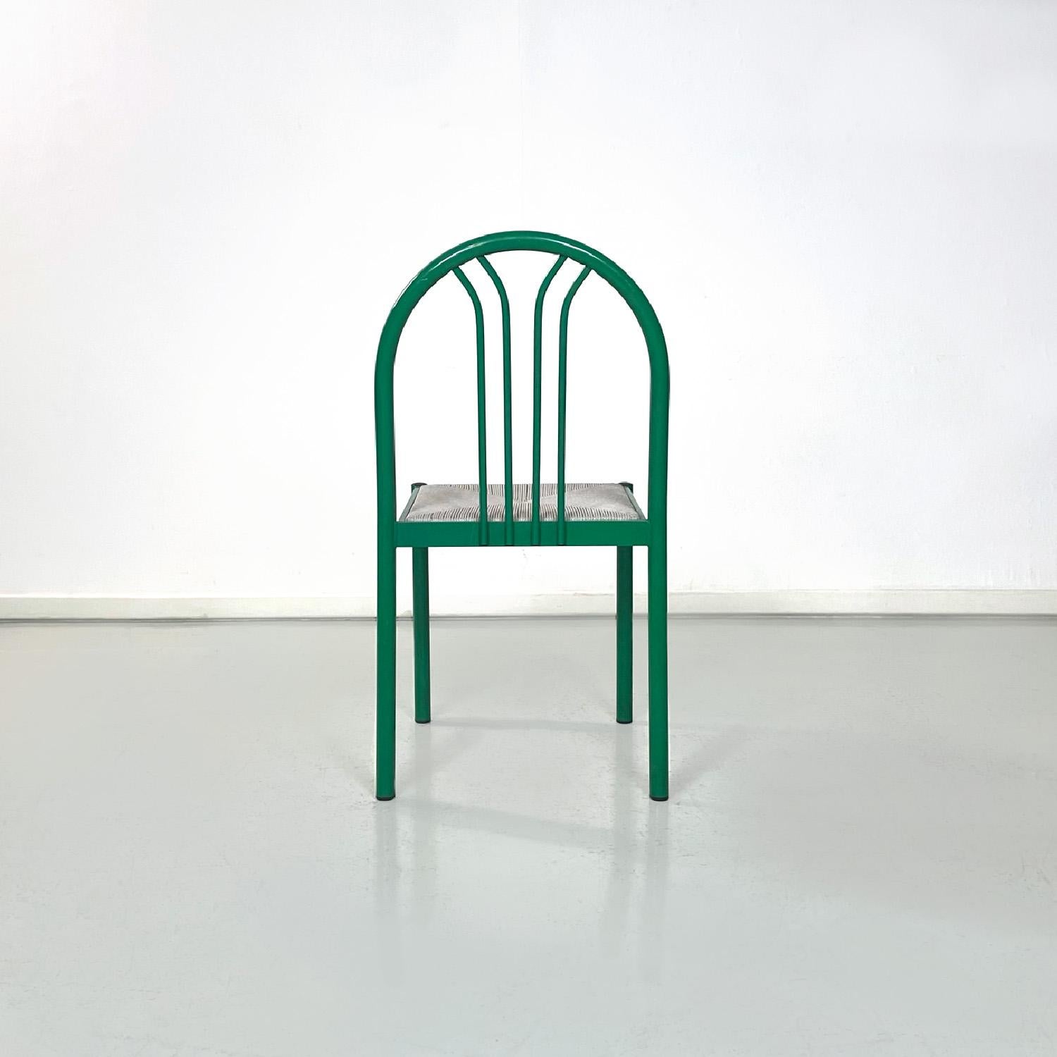 Late 20th Century Italian modern green tubular metal and grey straw stackable chairs, 1980s For Sale