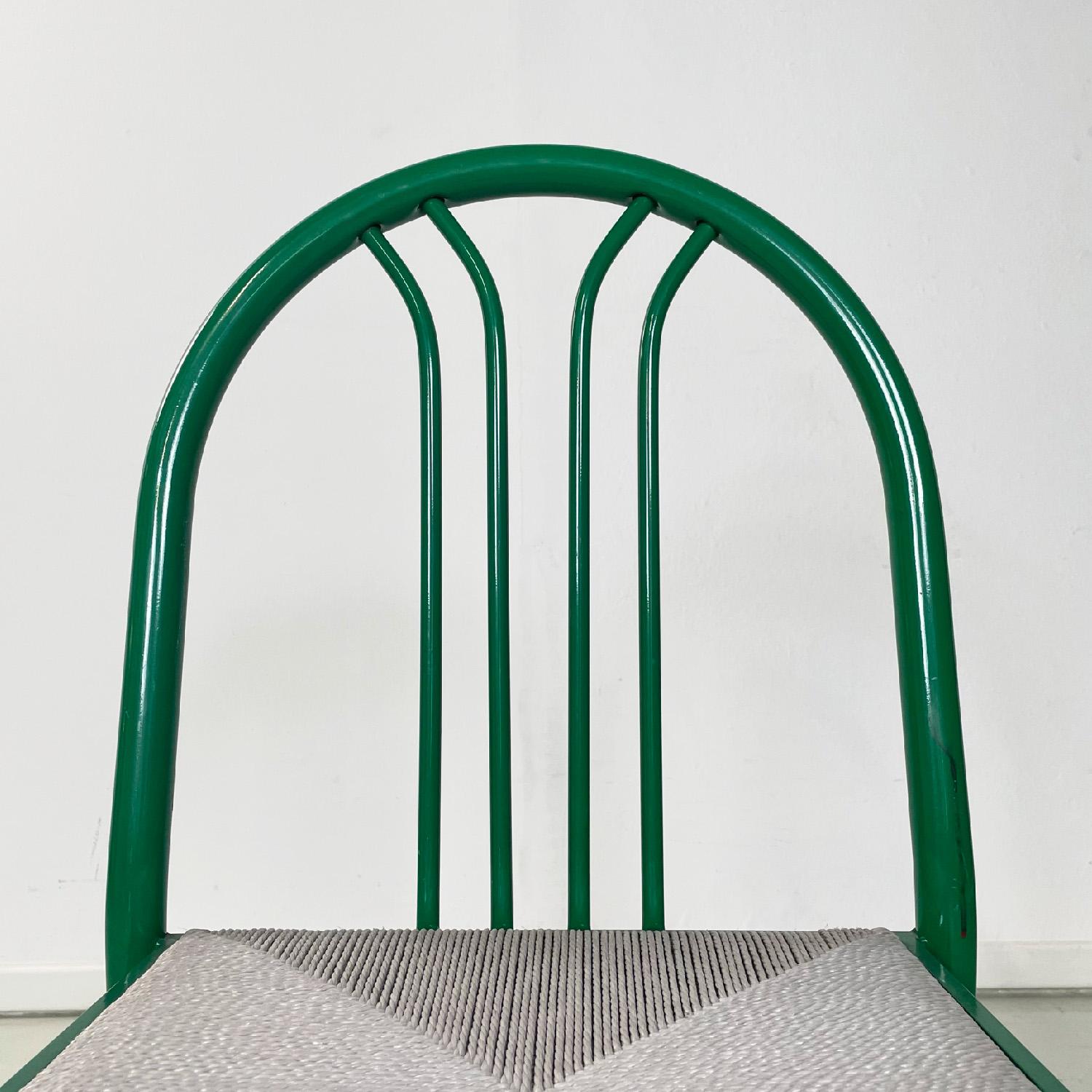 Italian modern green tubular metal and grey straw stackable chairs, 1980s For Sale 3