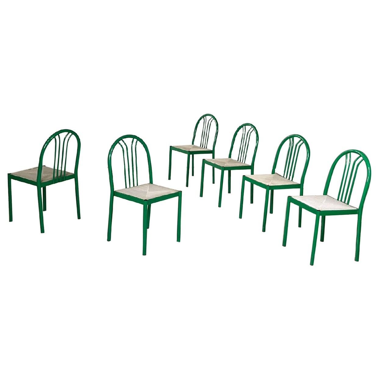 Italian modern green tubolar metal and grey straw chairs stackable, 1980s
