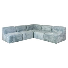 Retro Italian Modern Grey-Blue Velvet Five Module Sofa, 1970s