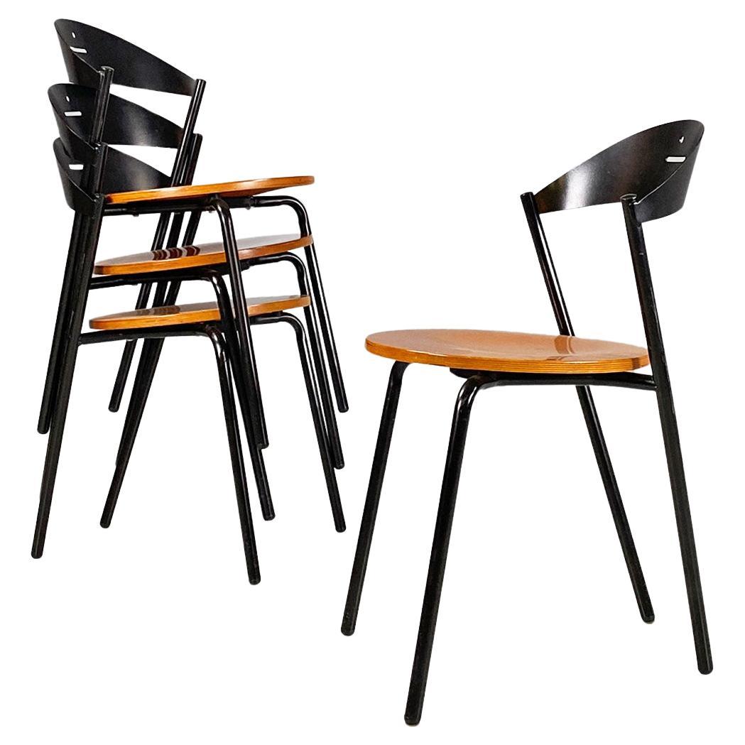 Italian modern grey metal and solid wood Fly Line Chairs, 1980s For Sale