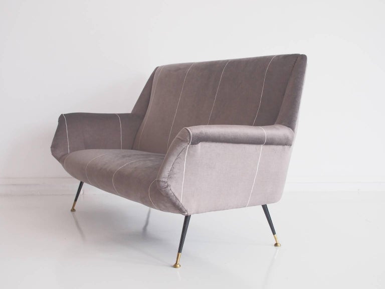 Mid-Century Modern Italian Modern Grey Velvet Sofa with Black Lacquered Brass Feet For Sale