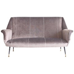 Italian Modern Grey Velvet Sofa with Black Lacquered Brass Feet