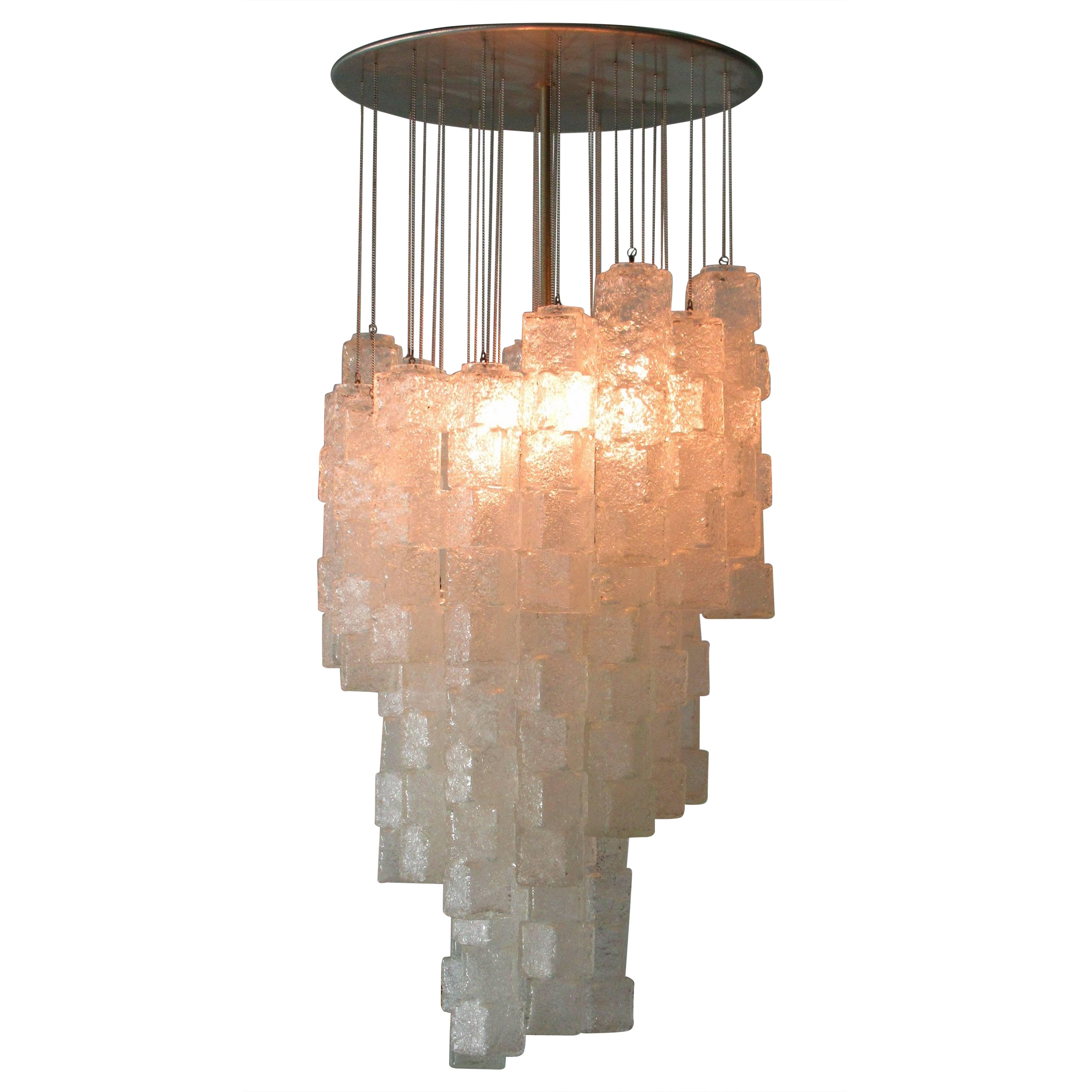 Italian Modern Hand Blown Glass Ice Cube Chandelier, Mazzega For Sale