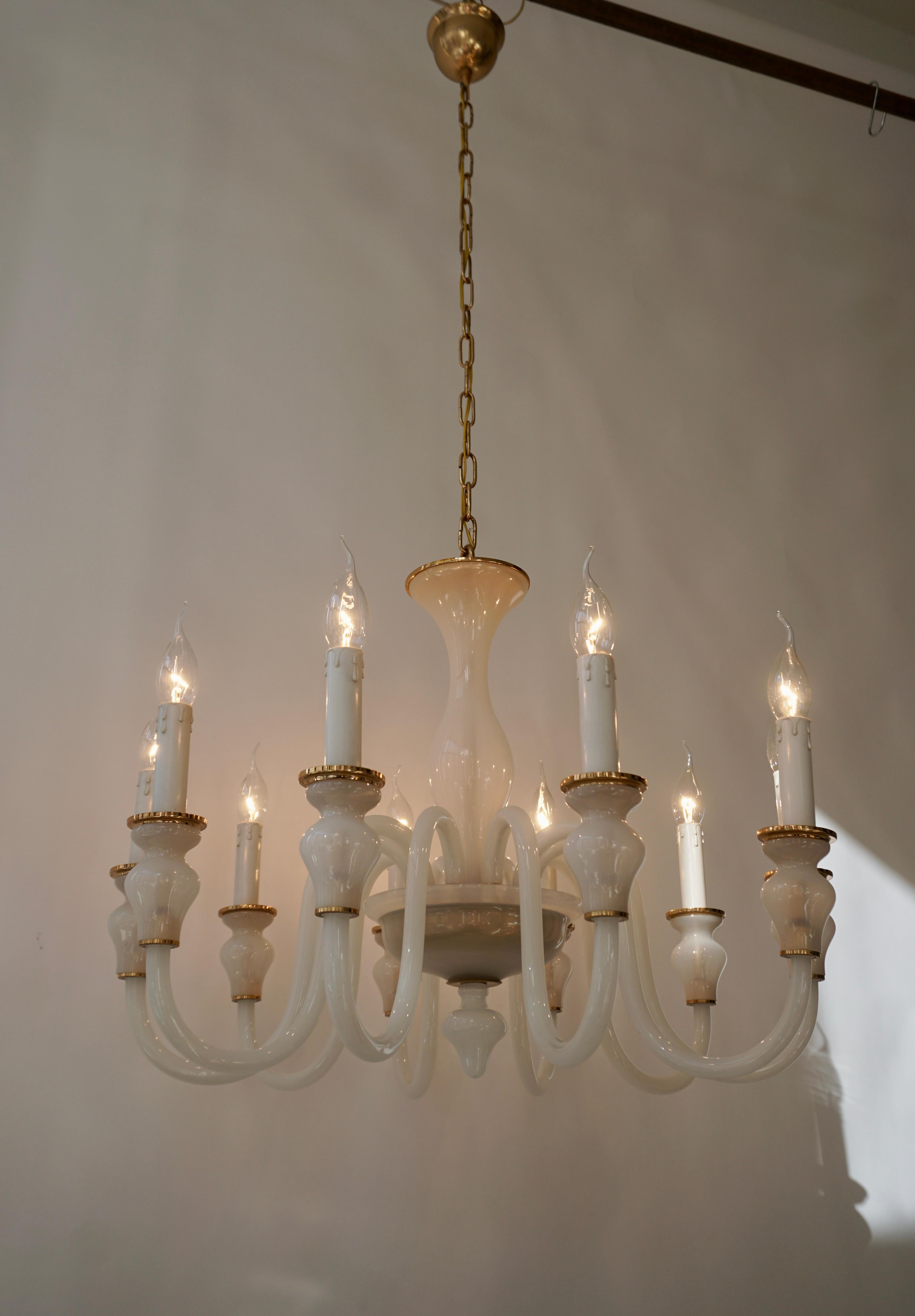 20th Century Italian Modern Hand Blown White and Gold Murano Glass Chandeliers For Sale