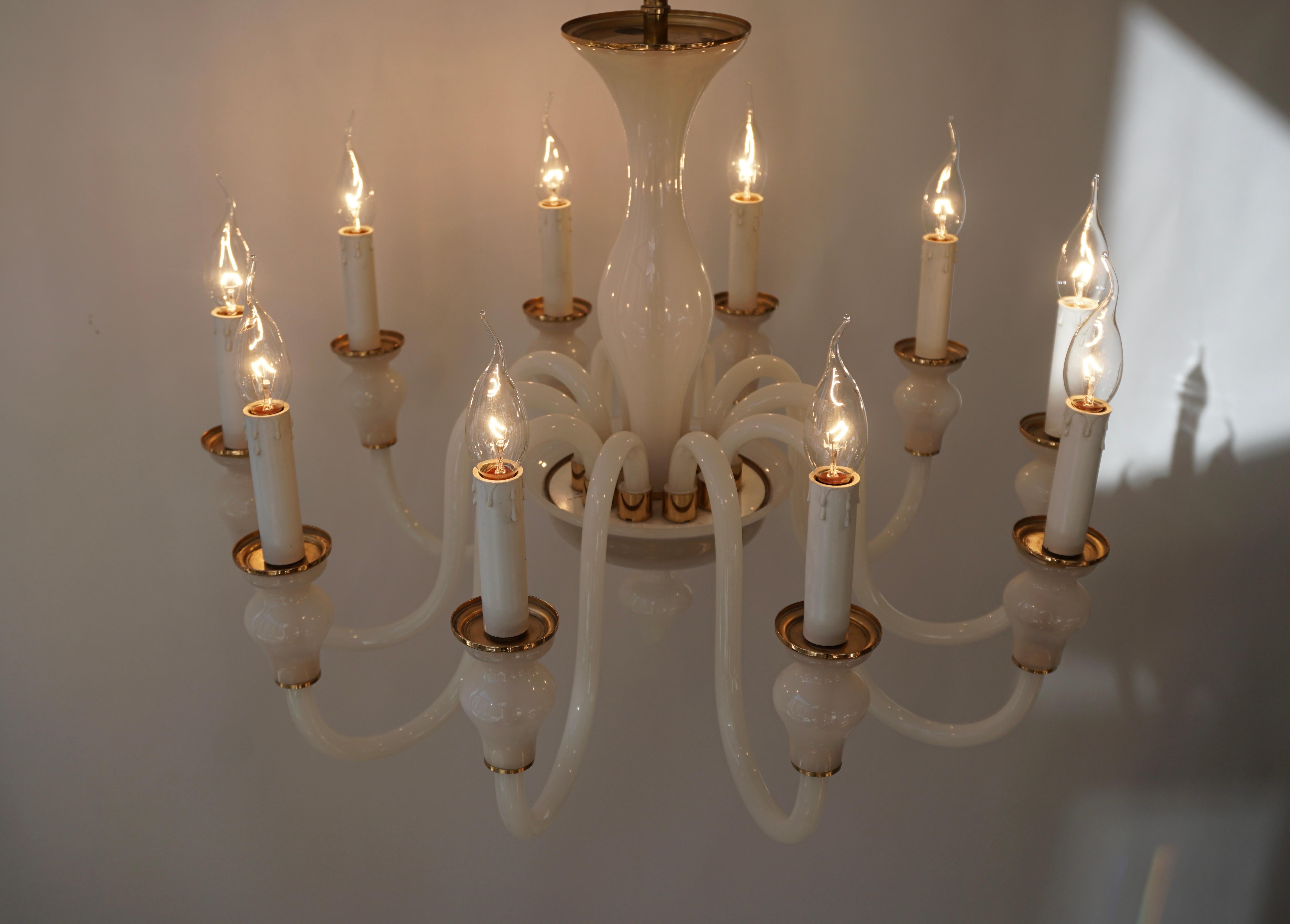 Brass Italian Modern Hand Blown White and Gold Murano Glass Chandeliers For Sale