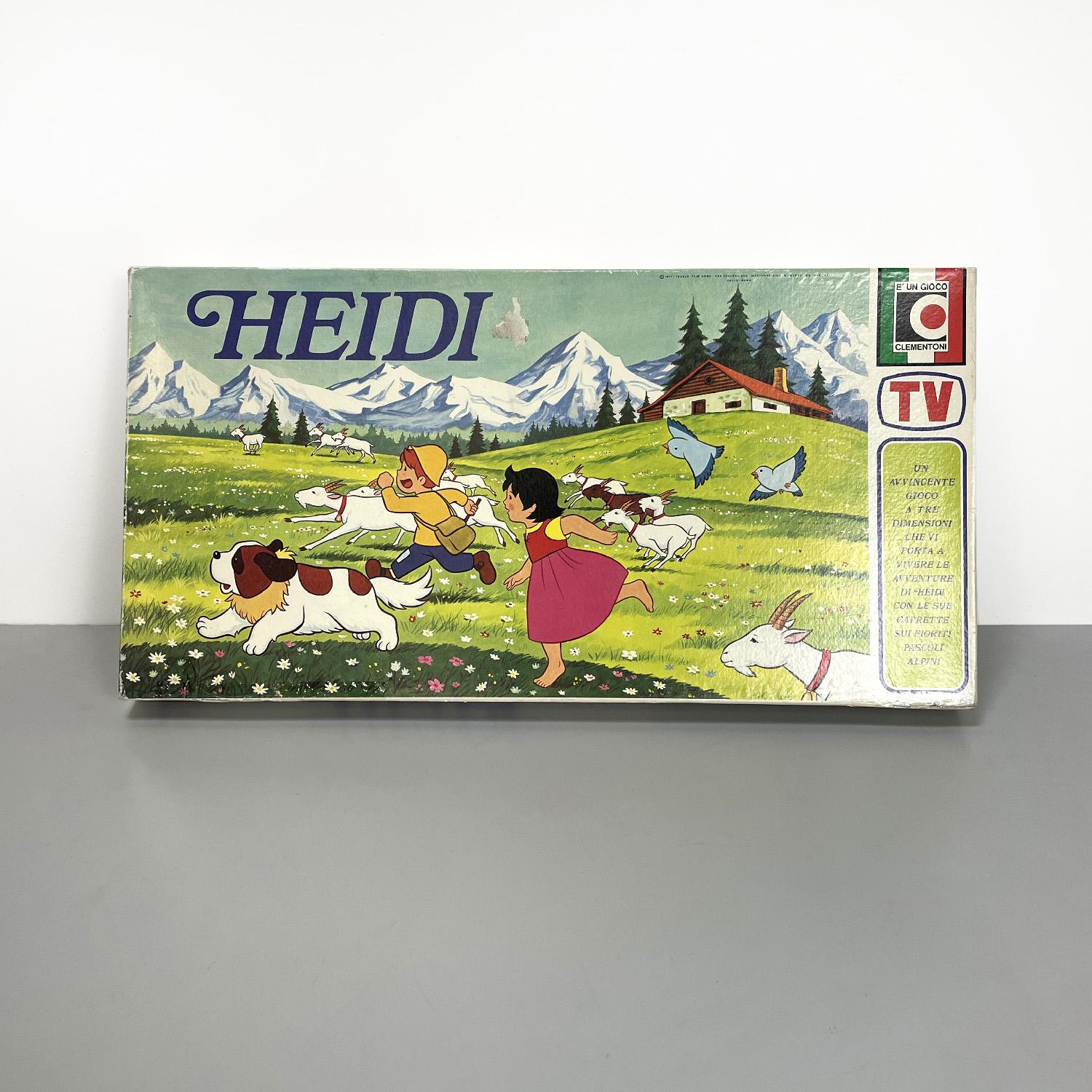 Jeu de société italien moderne Heidi par Clementoni, années 1980
Jeu de plateau Heidi avec boîte rectangulaire, contenant les pièces nécessaires au jeu. En haut, une image représente le personnage du célèbre dessin animé avec quelques